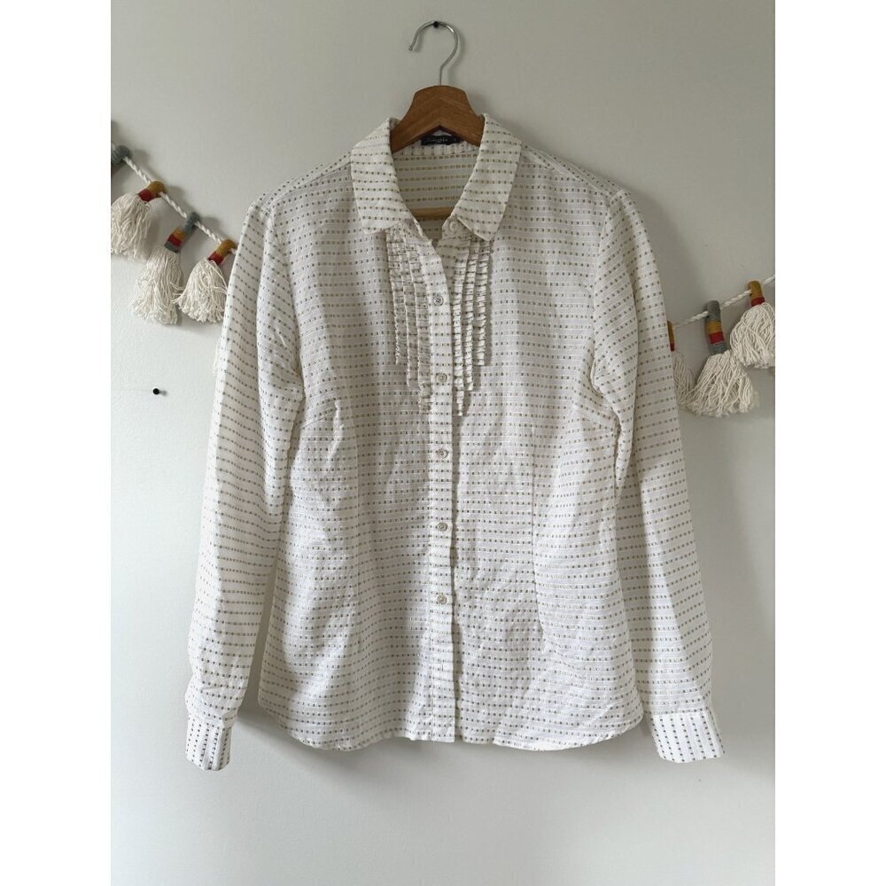 J. McLaughlin Button Down Metallic Dotted Ruffle Top Preppy Cottage Careerwear 6